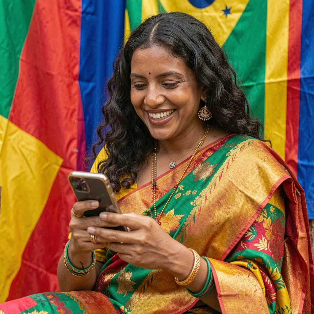 Stylish Brazilian woman in a colorful sari enjoying the 29XX casino app on her smartphone with vibrant city lights behind her