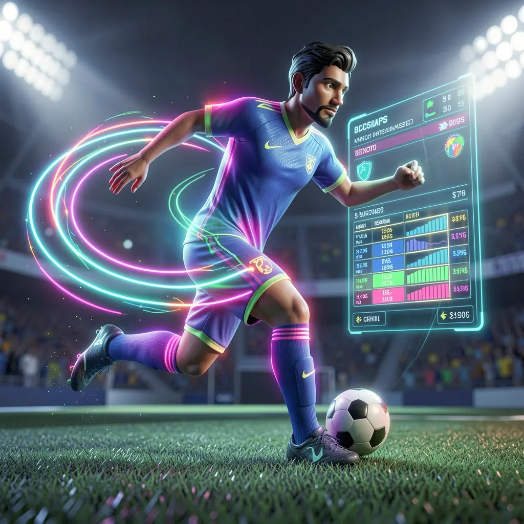 Futuristic soccer player with glowing effects and motion trails inside a high tech stadium highlighting dynamic live betting on 29XX in Brazil