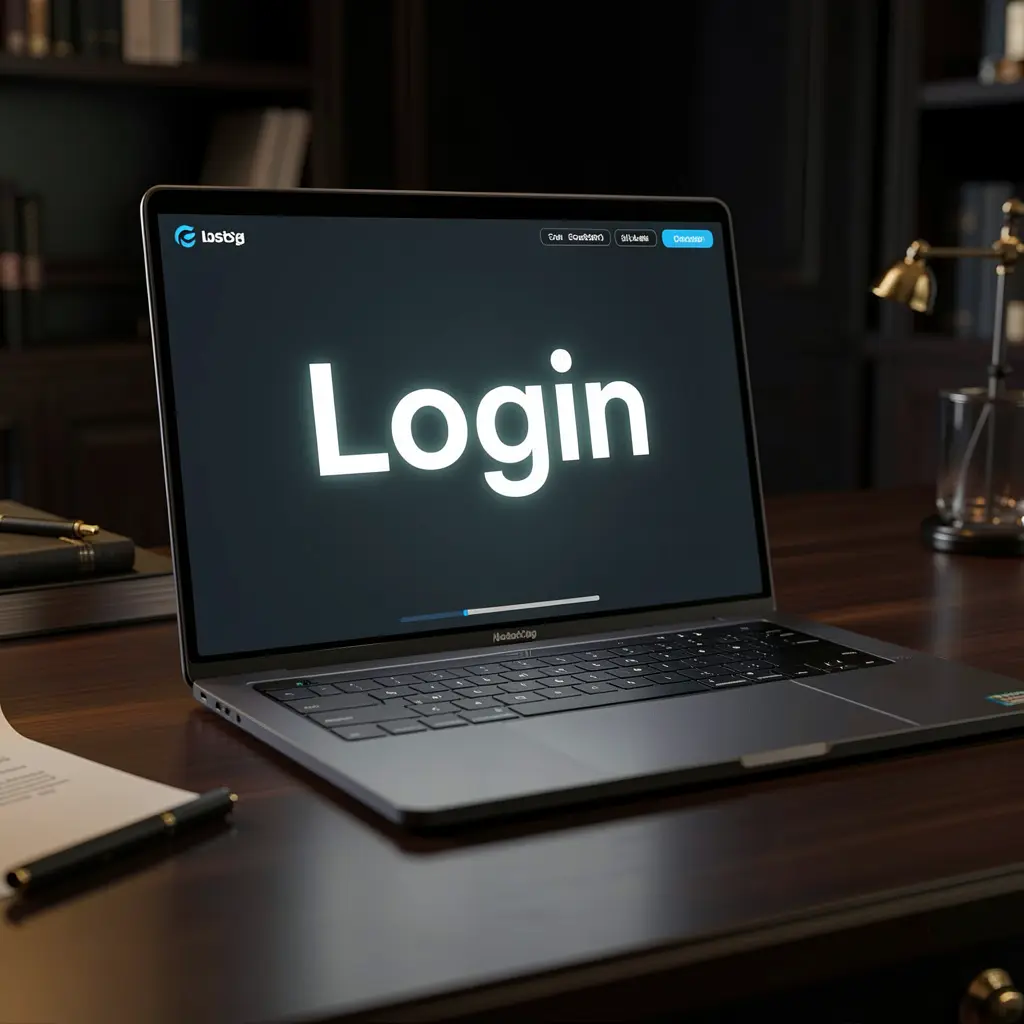 Modern laptop on a dark desk showing the 29XX login screen with a glowing interface designed for secure access in Brazil